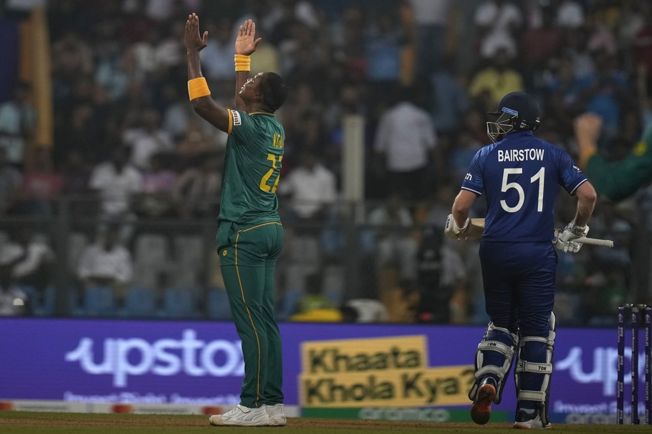 Lungi Ngidi looks skywards after getting rid of Jonny Bairstow, England vs South Africa, Men's World Cup 2023, Mumbai, October 21, 2023
