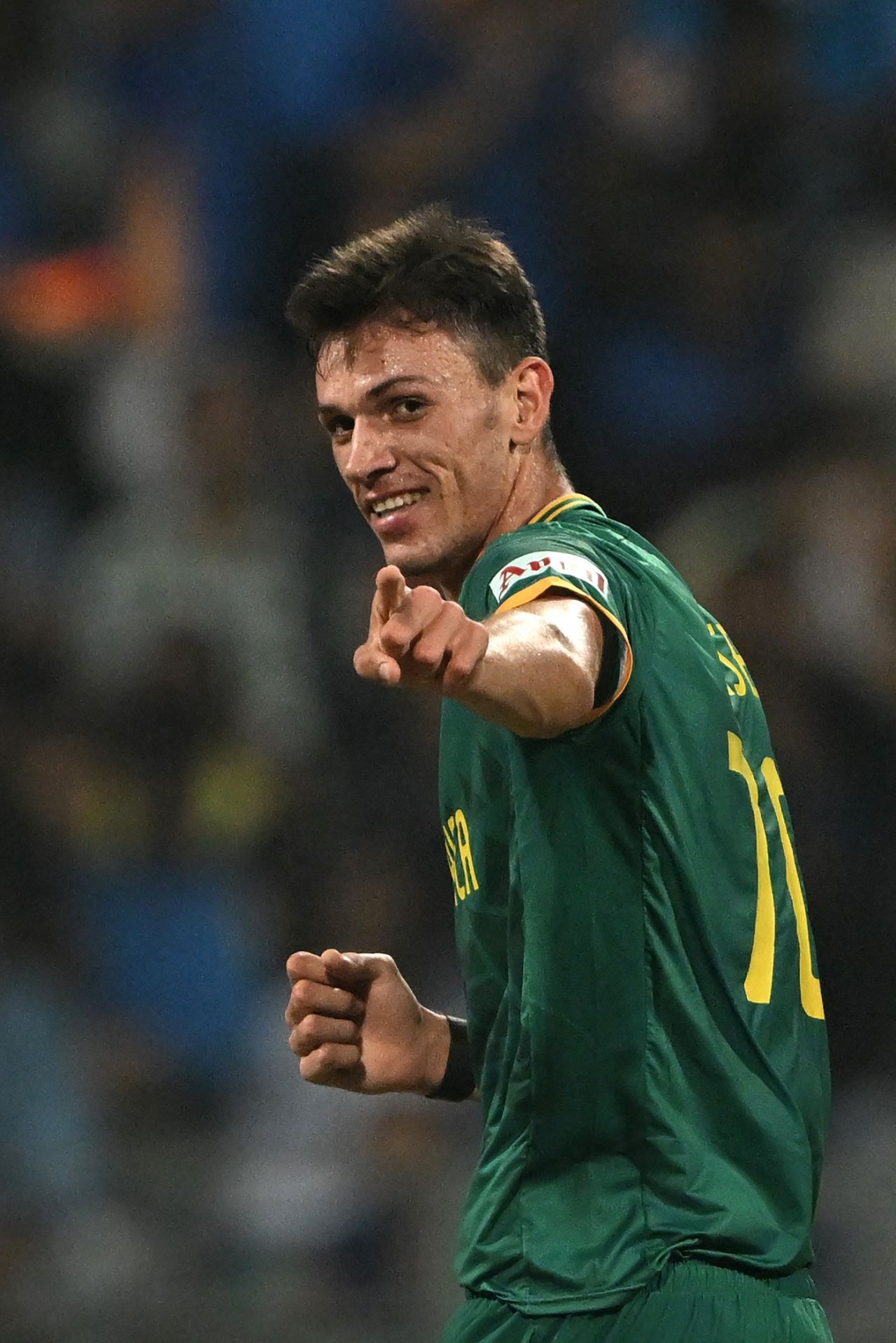Marco Jansen gestures after his setup to dismiss Joe Root worked, England vs South Africa, Men's World Cup 2023, Mumbai, October 21, 2023