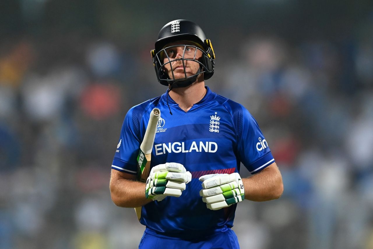 Jos Buttler walks back after a seven-ball innings, England vs South Africa, Men's World Cup 2023, Mumbai, October 21, 2023
