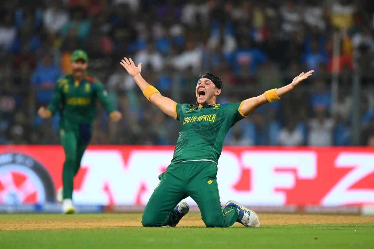 Not Dale Steyn! Gerald Coetzee celebrates after trapping Harry Brook lbw, England vs South Africa, Men's World Cup 2023, Mumbai, October 21, 2023