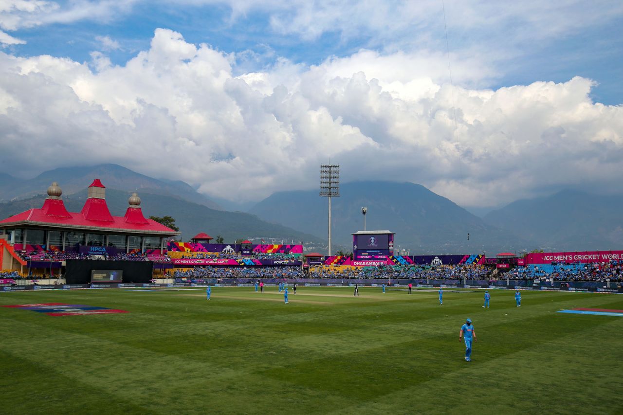 A general view of the action at Dharamsala, India vs New Zealand, Men's ODI World Cup, Dharamsala, October 22, 2023