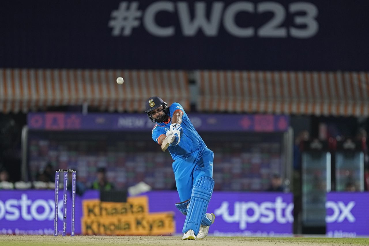 Rohit Sharma launches one down the ground, India vs New Zealand, Men's ODI World Cup, Dharamsala, October 22, 2023