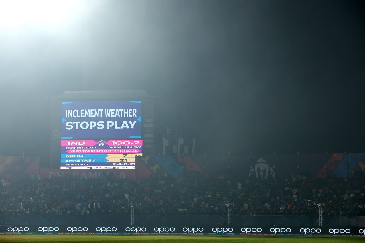 Inclement Weather Stops Play was what the scoreboard read when fog interrupted play, India vs New Zealand, Men's ODI World Cup, Dharamsala, October 22, 2023