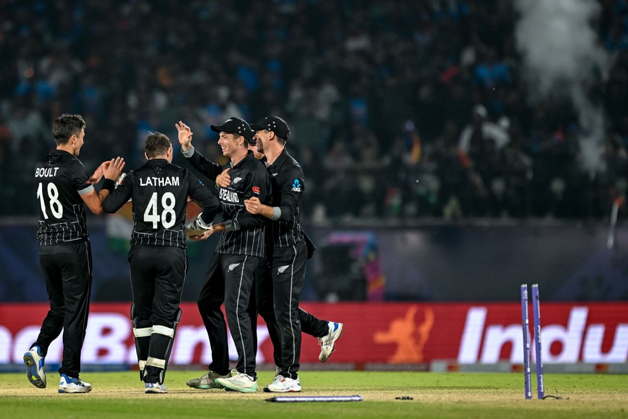 Mitchell Santner, Trent Boult, and Tom Latham were involved in Suryakumar Yadav's run out, India vs New Zealand, Men's ODI World Cup, Dharamsala, October 22, 2023