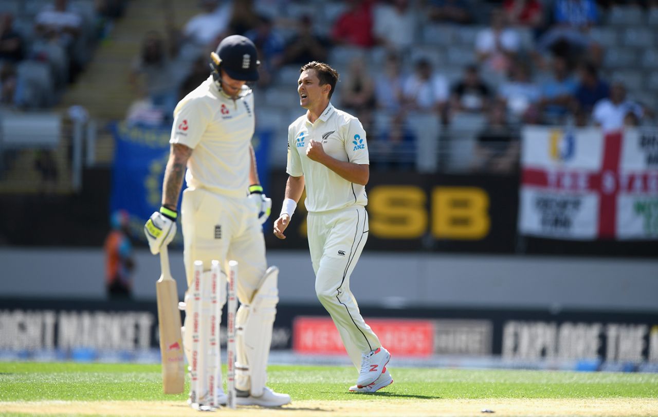 Trent Boult celebrates the dismissal of Ben Stokes, New Zealand v England, 1st Test, Auckland, March 22, 2018
