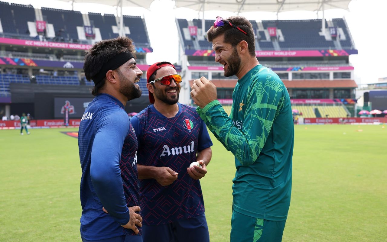 Rashid Khan, Gulbadin Naib and Shaheen Shah Afridi share a light moment before the game, Pakistan vs Afghanistan, Men's World Cup 2023, Chennai, October 23, 2023