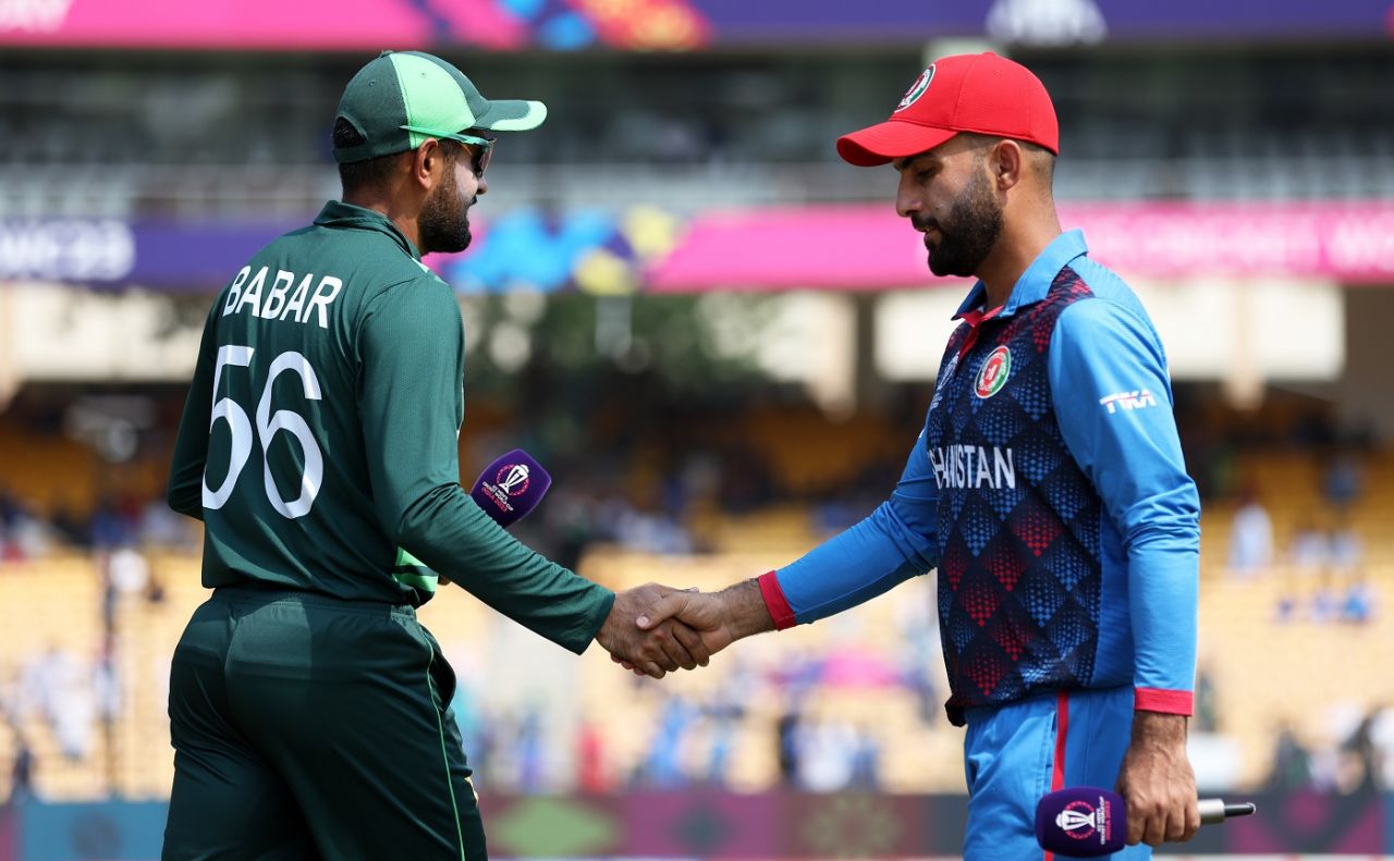 Babar Azam and Hashmatullah Shahidi at the toss, Pakistan vs Afghanistan, Men's World Cup 2023, Chennai, October 23, 2023