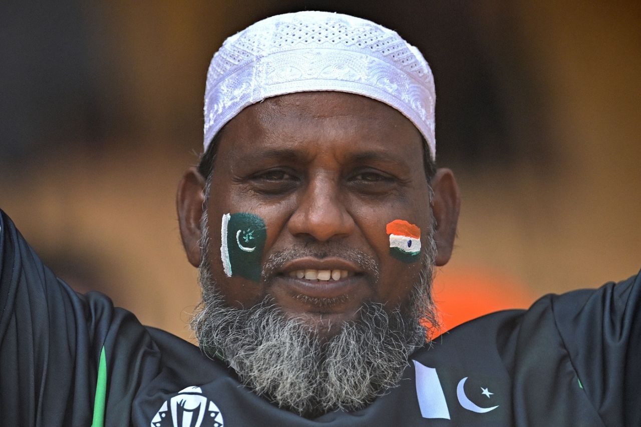 A fan with India and Pakistan flags on his cheeks at the Chepauk, Pakistan vs Afghanistan, Men's World Cup 2023, Chennai, October 23, 2023