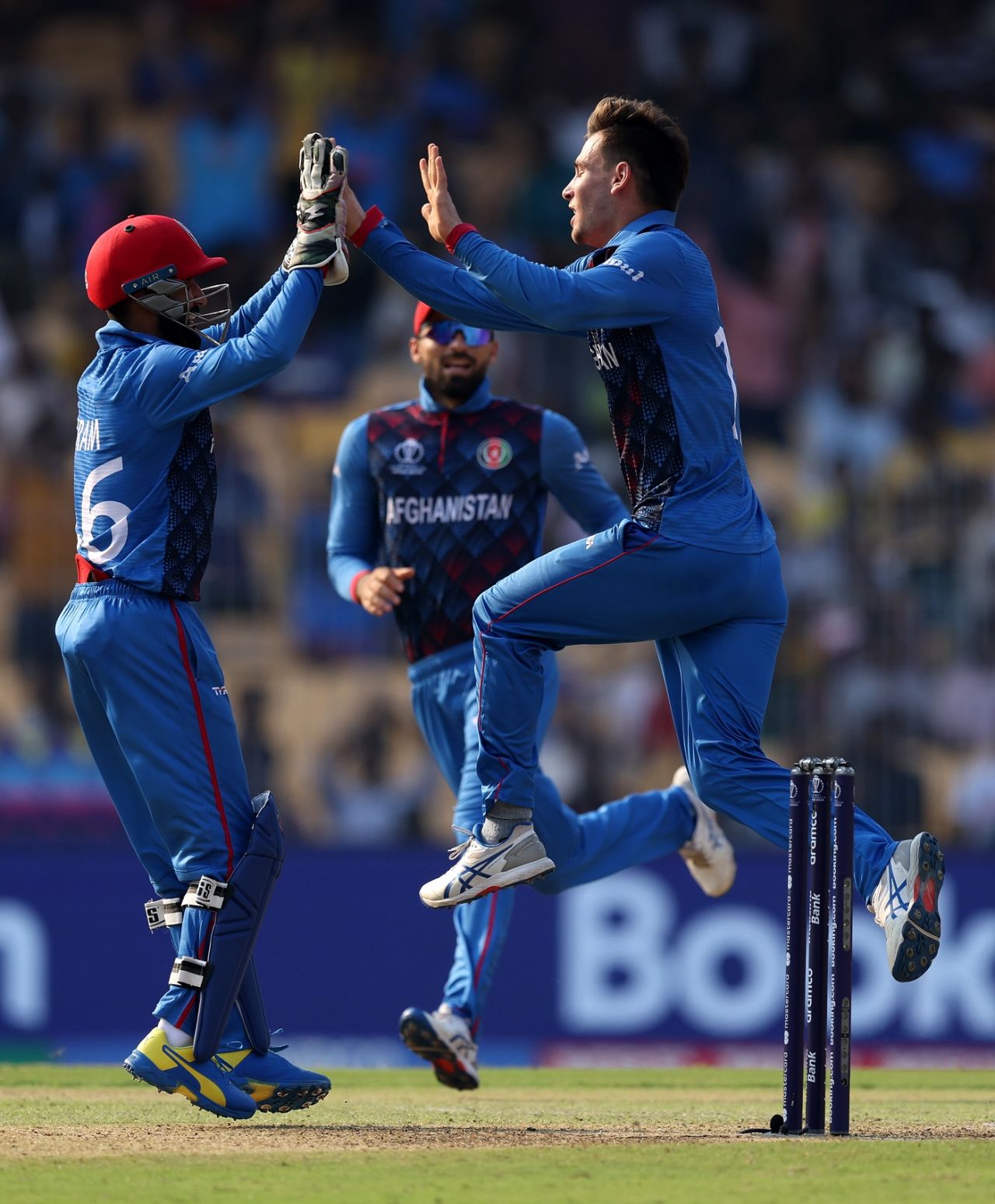 An ecstatic Noor Ahmad leaps after dismissing Mohammad Rizwan, Pakistan vs Afghanistan, Men's World Cup 2023, Chennai, October 23, 2023