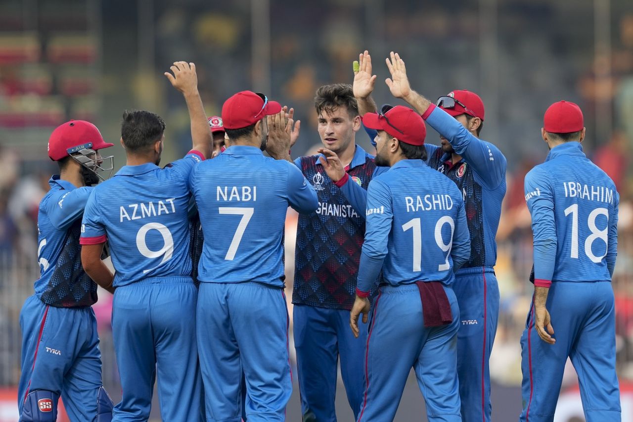 Noor Ahmad celebrates after getting Babar Azam caught at covers, Pakistan vs Afghanistan, Men's World Cup 2023, Chennai, October 23, 2023