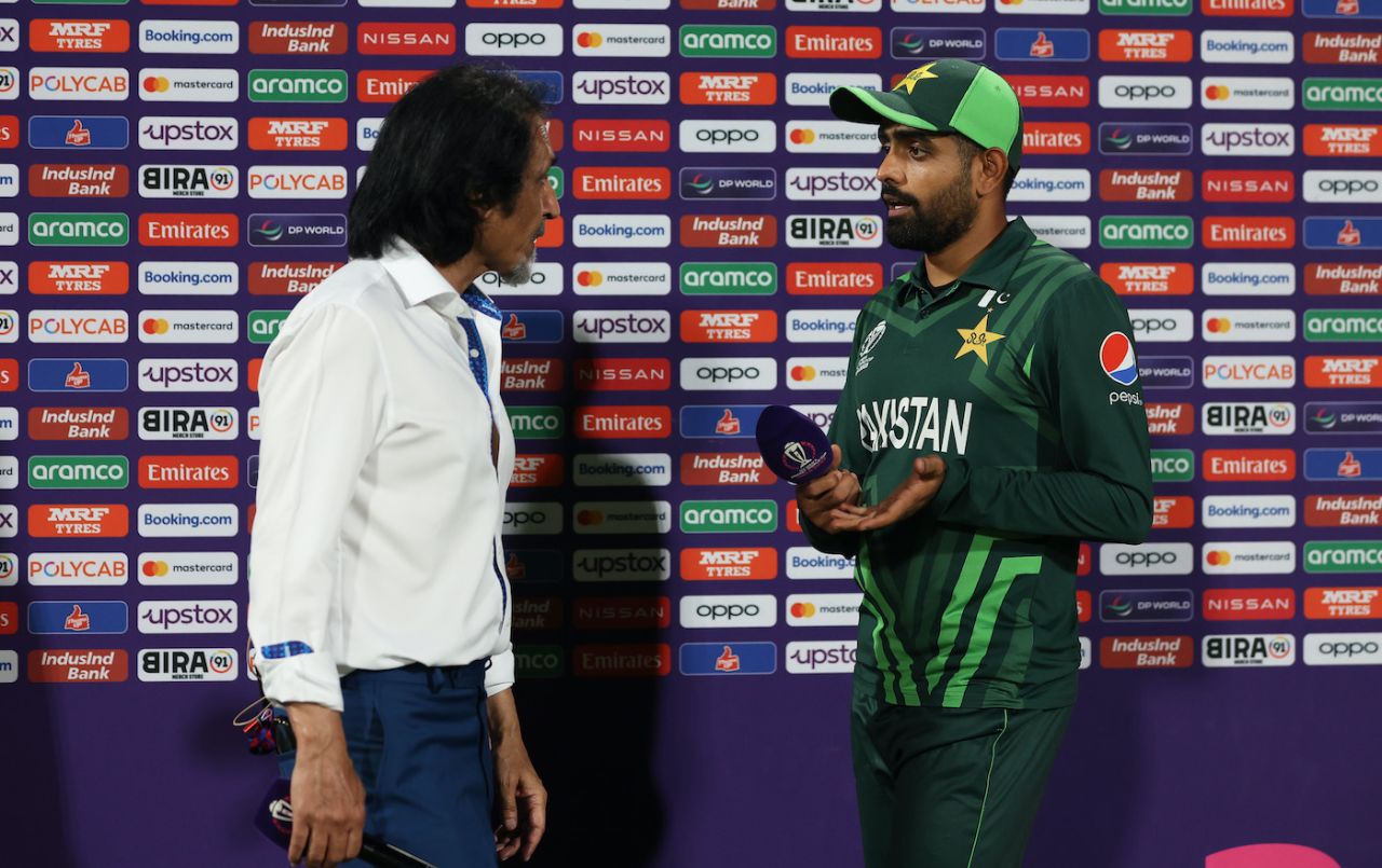 Ramiz Raja has a word with Babar Azam after Pakistan's loss to Afghanistan, Pakistan vs Afghanistan, Men's World Cup 2023, Chennai, October 23, 2023