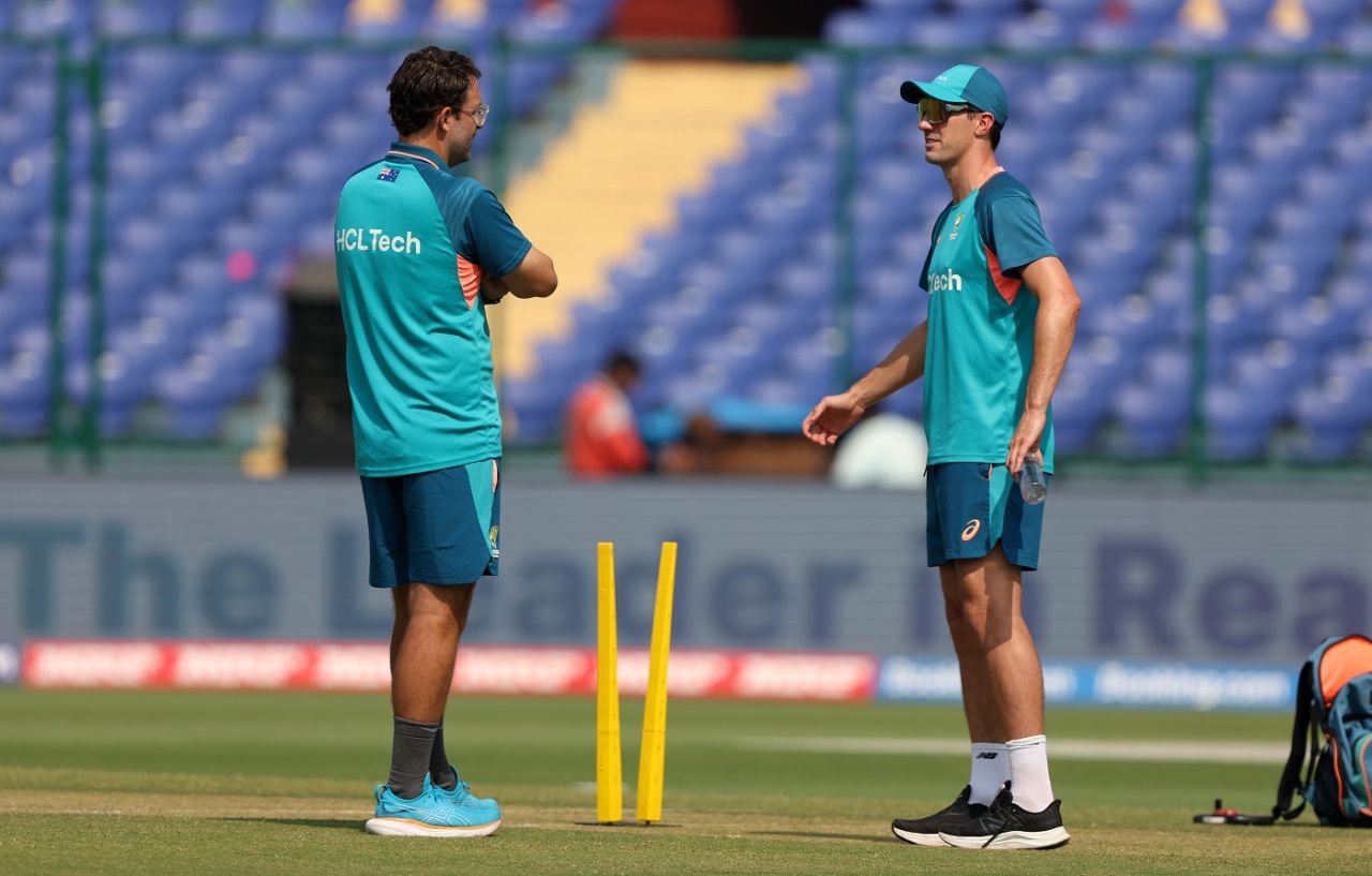 Pat Cummins has a chat with bowling coach Daniel Vettori, Australia vs Netherlands, Men's ODI World Cup 2023, Delhi, October 25, 2023