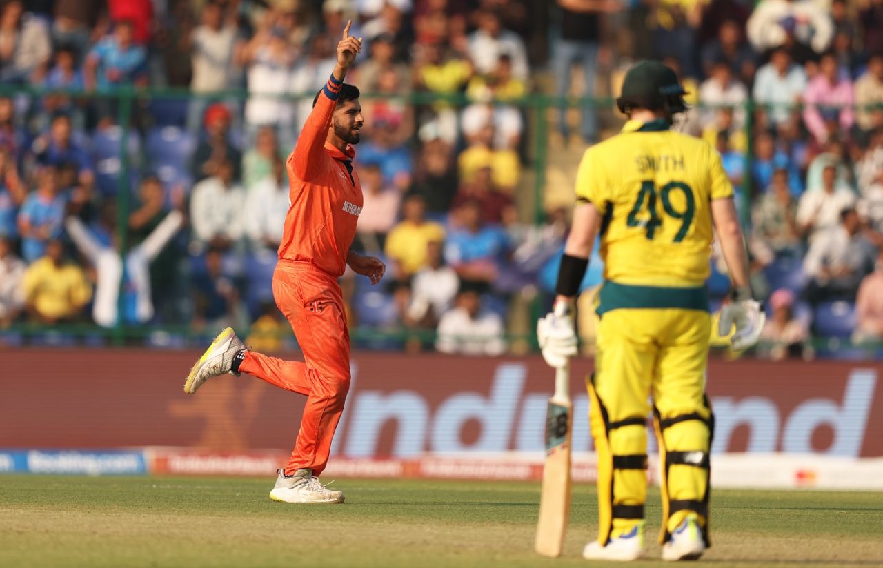 Aryan Dutt celebrates after getting rid of Steven Smith, Australia vs Netherlands, Men's ODI World Cup 2023, Delhi, October 25, 2023