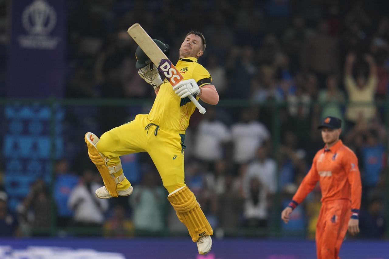 David Warner leaps after his sixth century in ODI World Cups, Australia vs Netherlands, Men's ODI World Cup 2023, Delhi, October 25, 2023