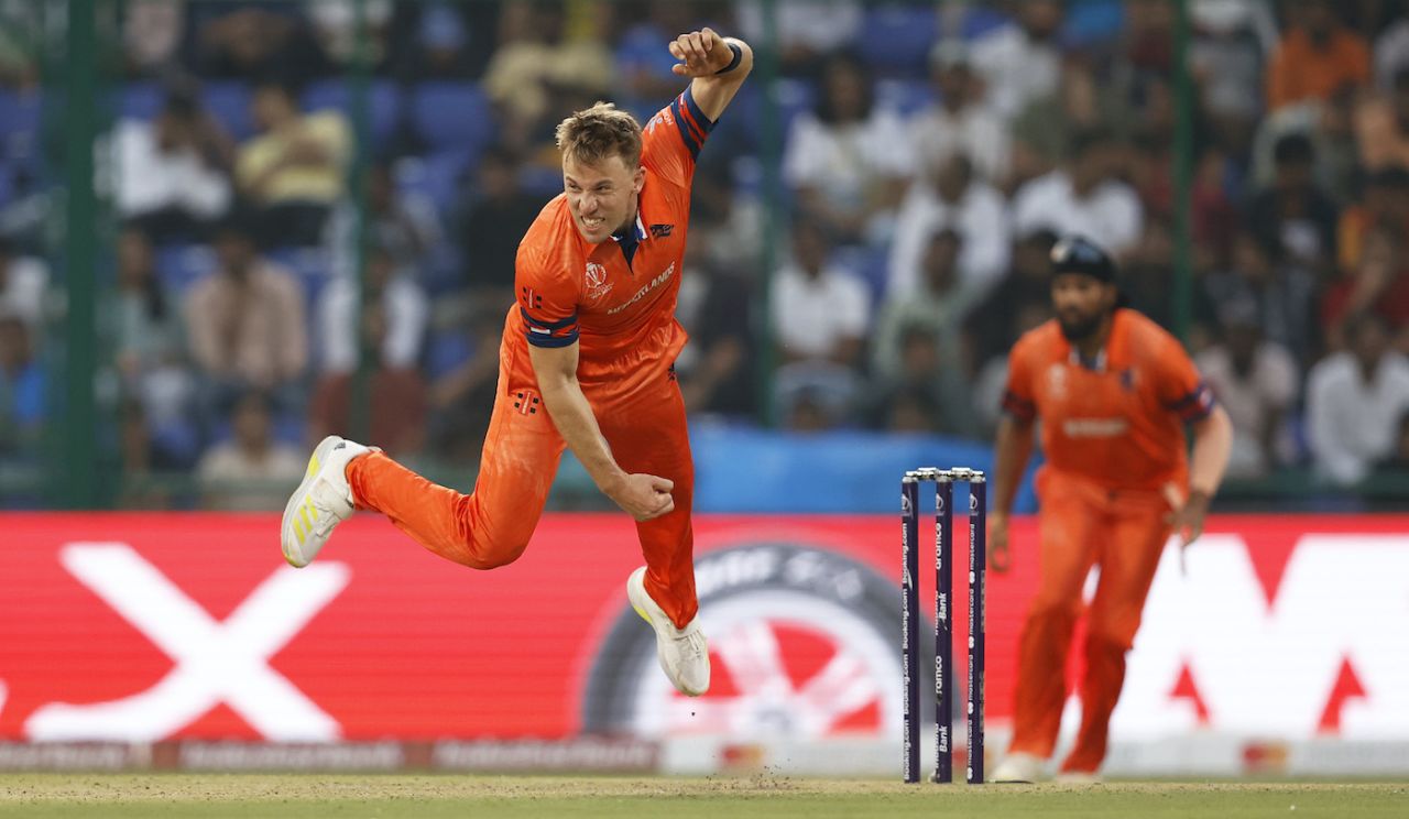 Logan van Beek in action, Australia vs Netherlands, Men's ODI World Cup 2023, Delhi, October 25, 2023
