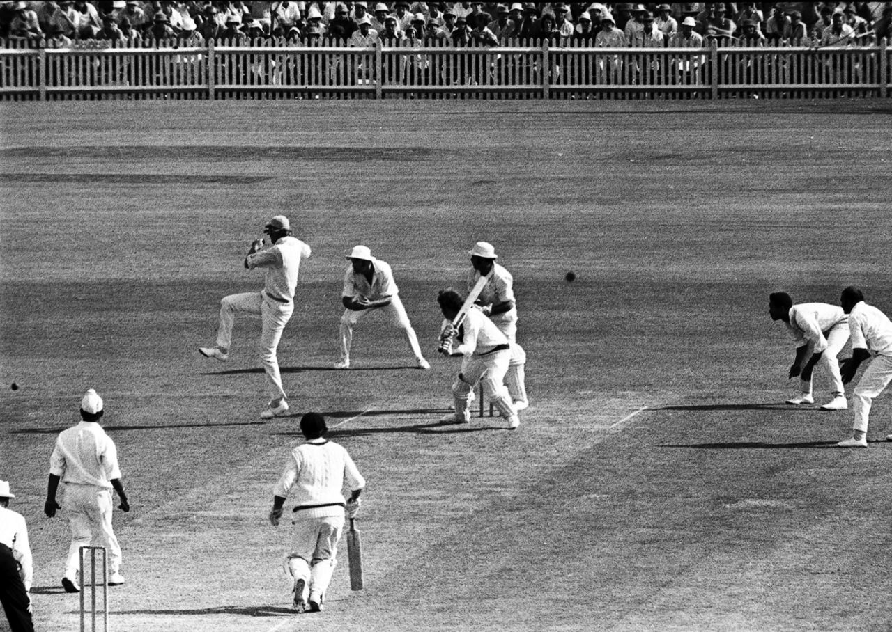 Terry Jenner gets the ball past Tony Greig at silly point off the bowling of Bishan Bedi, Australia vs World XI, 4th Test, Sydney, 4th day, January 12, 1972