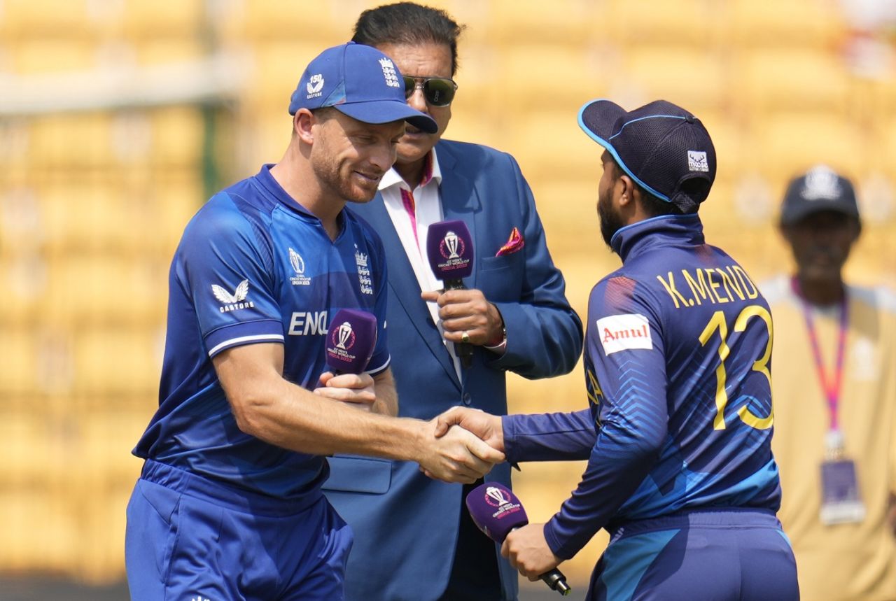 Kusal Mendis and Jos Buttler greet each other at the toss, England vs Sri Lanka, Men's ODI World Cup 2023, Bengaluru, October 26, 2023