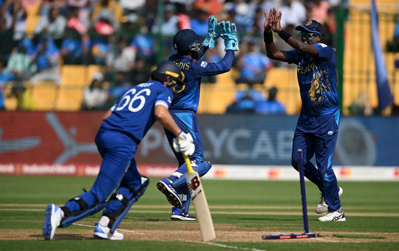 Angelo Mathews and Kusal Mendis combined to run out Joe Root, England vs Sri Lanka, Men's ODI World Cup 2023, Bengaluru, October 26, 2023