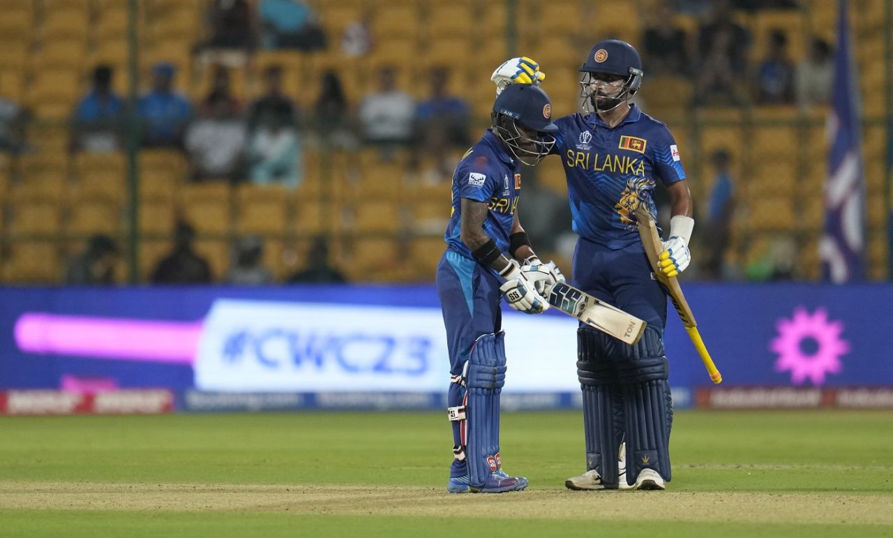 Pathum Nissanka gets a pat on the head from Sadeera Samarawickrama on reaching his fifty, England vs Sri Lanka, Men's ODI World Cup 2023, Bengaluru, October 26, 2023