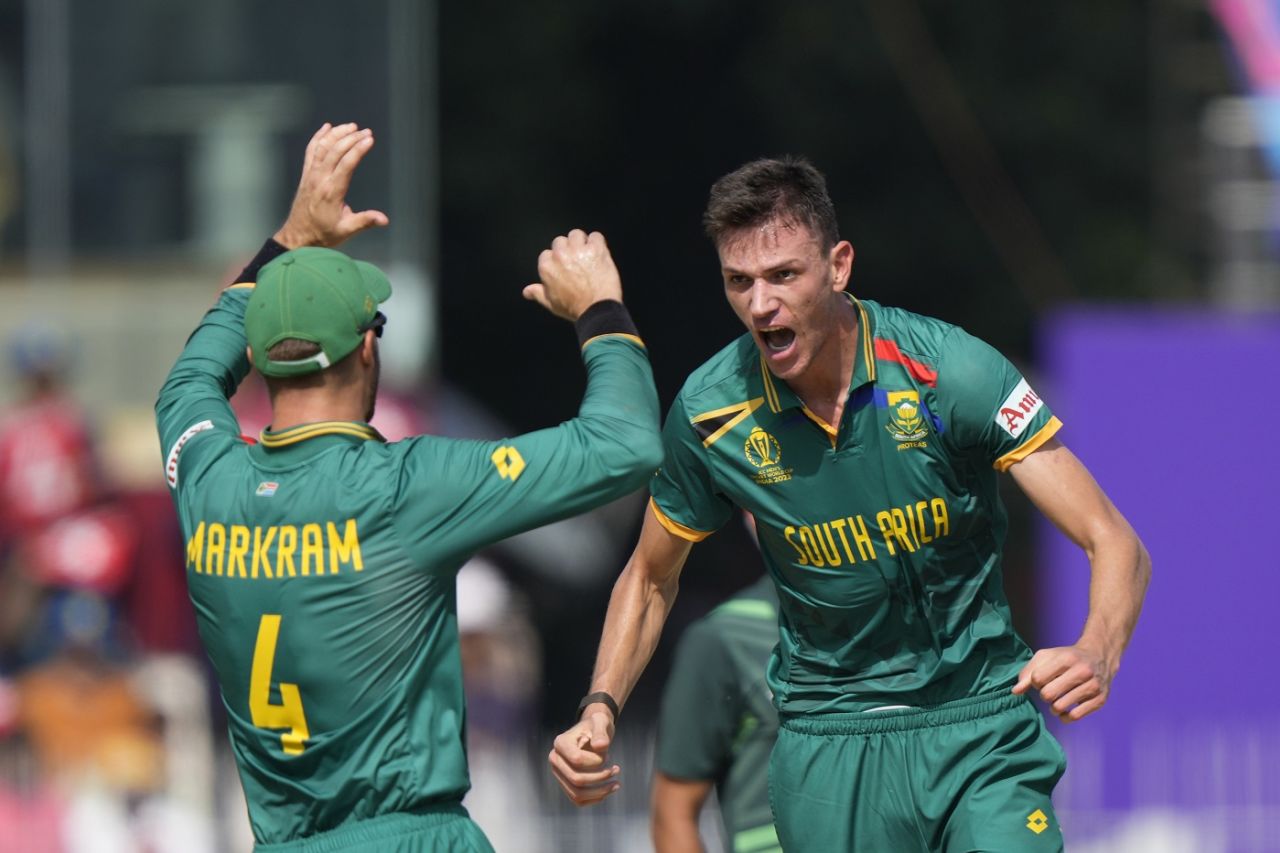 Marco Jansen celebrates after removing both Pakistan openers , Pakistan vs South Africa, World Cup, Chennai, October 27, 2023