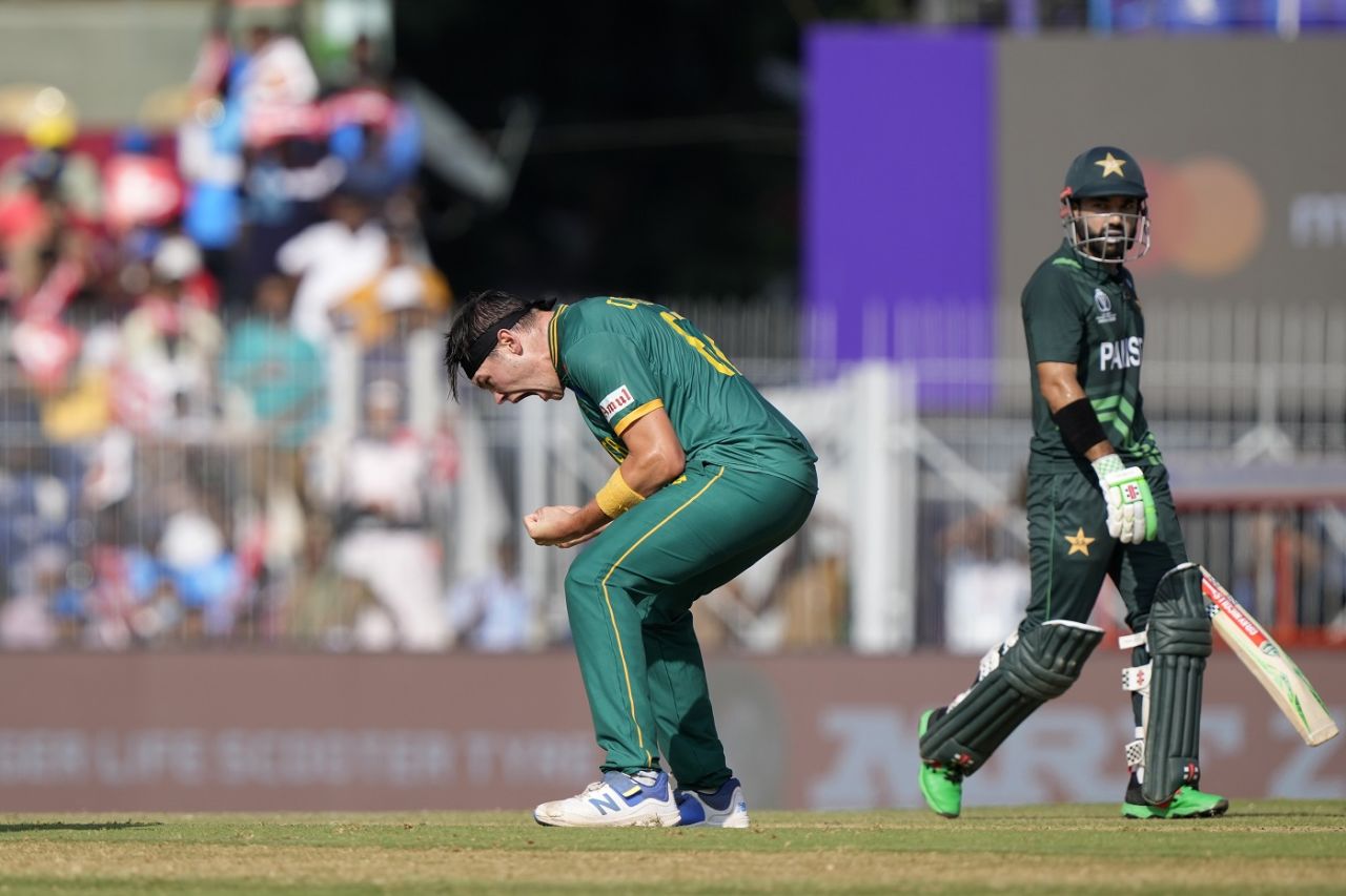 Gerald Coetzee roars in celebration after taking his first wicket against Pakistan, Pakistan vs South Africa, World Cup, Chennai, October 27, 2023