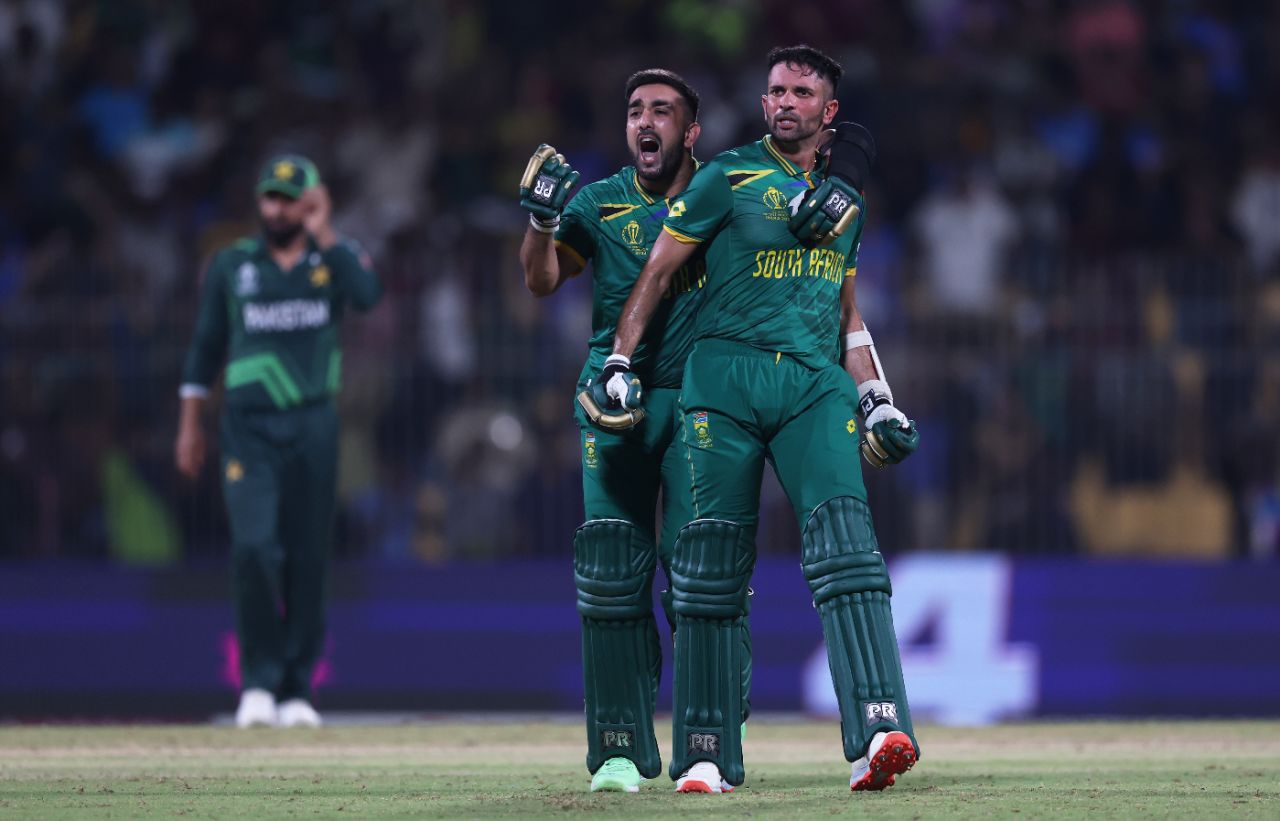 Tabraiz Shamsi and Keshav Maharaj celebrate South Africa's nail-biting win, Pakistan vs South Africa, World Cup, Chennai, October 27, 2023