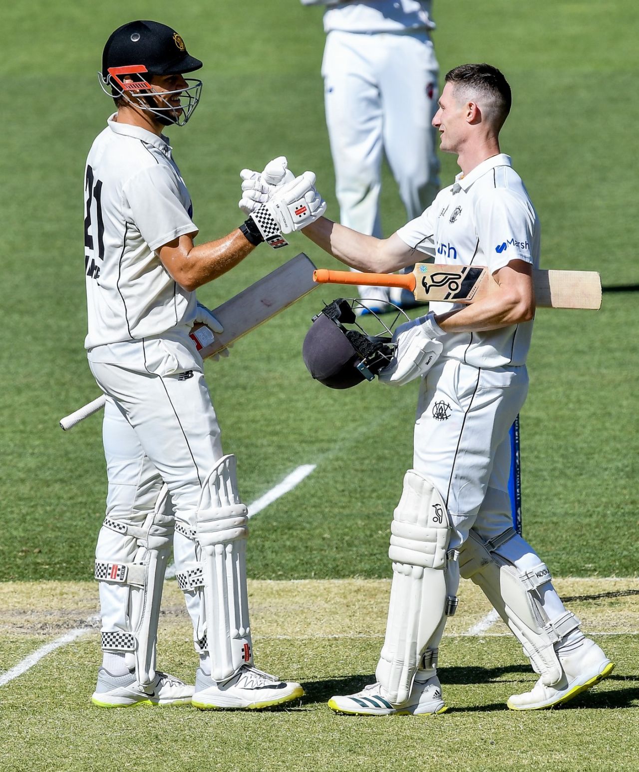 Cameron Bancroft celebrates his century with Aaron Hardie, South Australia vs Western Australia, Sheffield Shield, Adelaide Oval, October 28, 2023