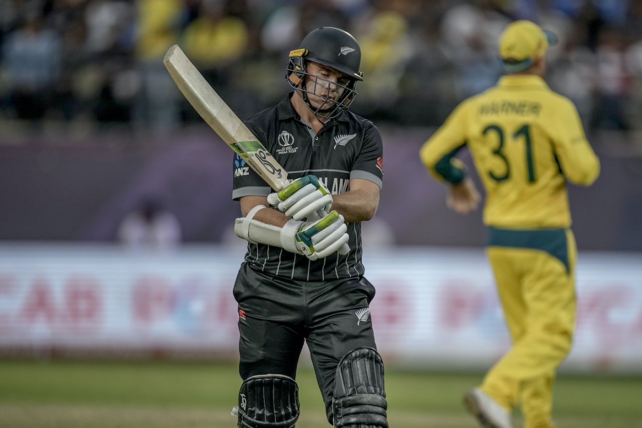 Tom Latham walks back after spooning a reverse sweep straight to short third, Australia vs New Zealand, World Cup 2023, Dharamsala, October 28, 2023