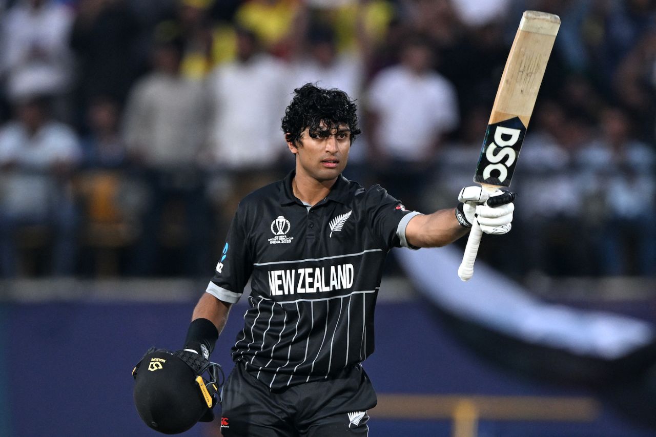 Rachin Ravindra celebrates a 77-ball ton, Australia vs New Zealand, World Cup 2023, Dharamsala, October 28, 2023