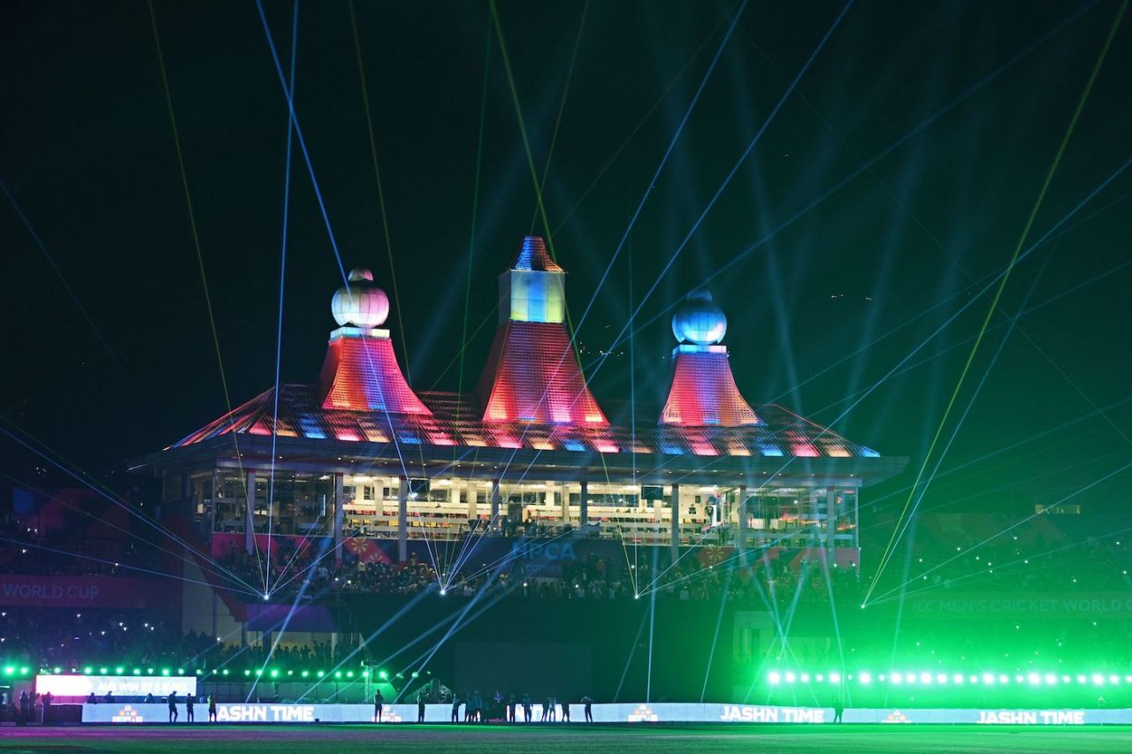 A light show in Dharamsala, Australia vs New Zealand, World Cup 2023, Dharamsala, October 28, 2023