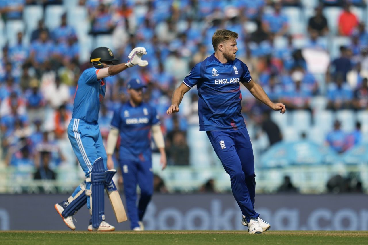 David Willey began with a maiden to Rohit Sharma before being taken for 18 in his next, India vs England, Men's World Cup 2023, Lucknow, October 29, 2023