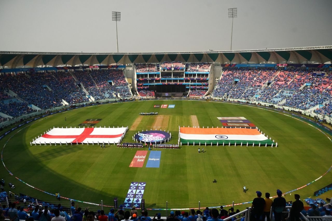 An aerial view of players lining up for the anthems, India vs England, Men's World Cup 2023, Lucknow, October 29, 2023