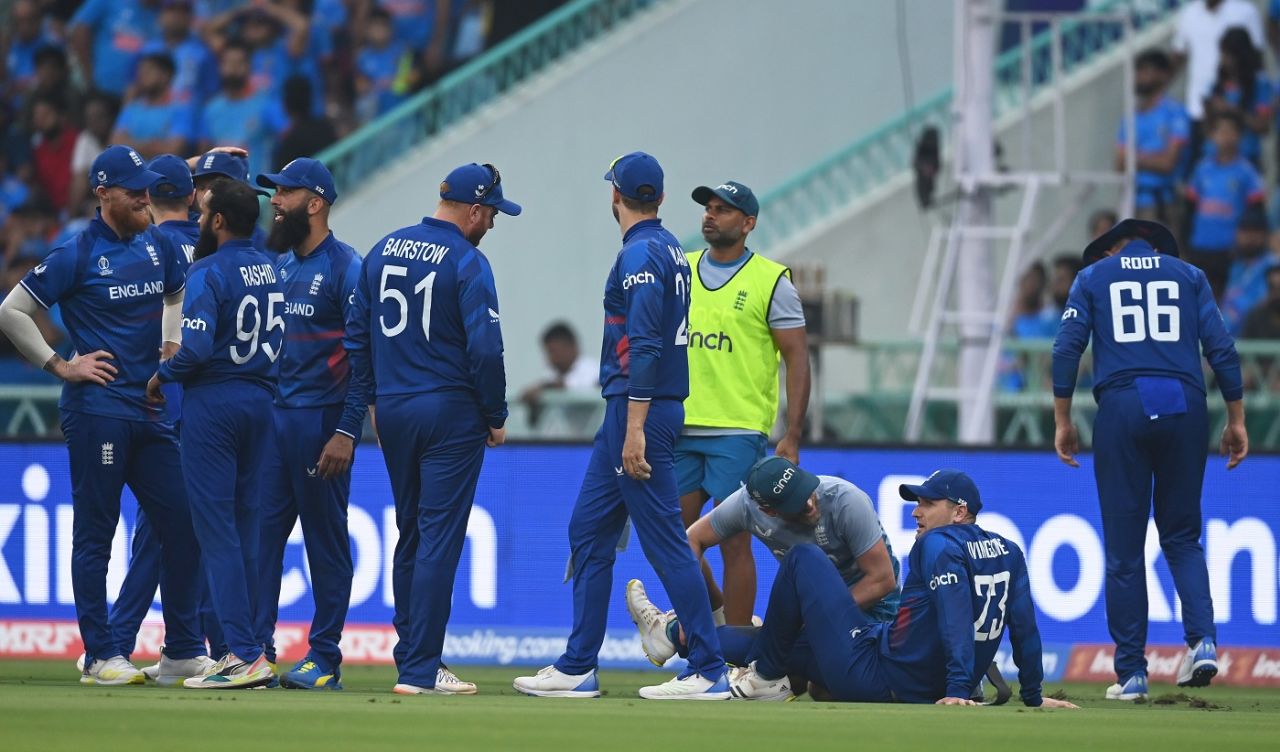 Liam Livingstone hurt his knee while taking the catch to dismiss Rohit Sharma, India vs England, World Cup 2023, Lucknow, October 29, 2023