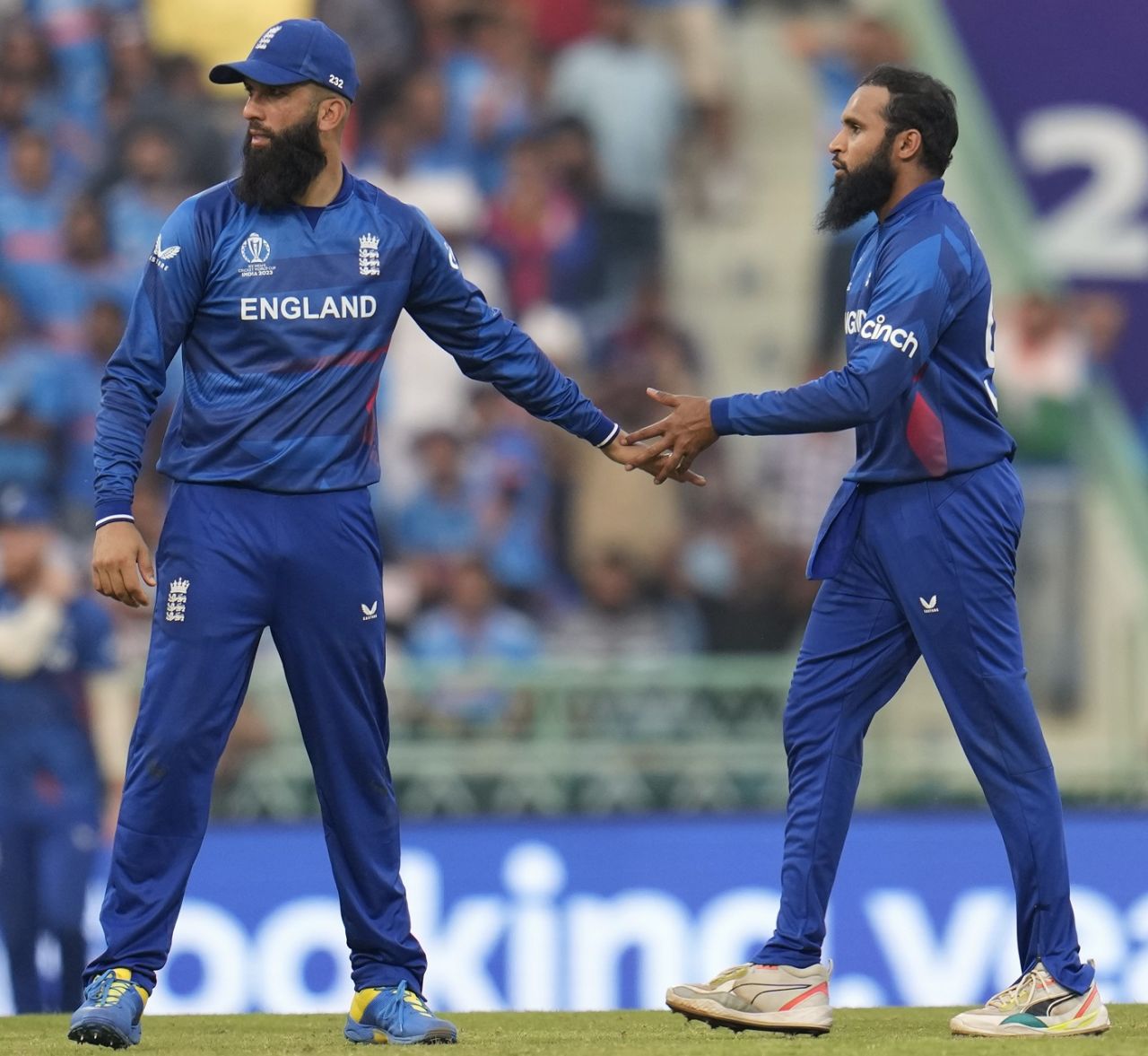 Moeen Ali and Adil Rashid celebrate Rohit Sharma's wicket, India vs England, Men's World Cup 2023, Lucknow, October 29, 2023