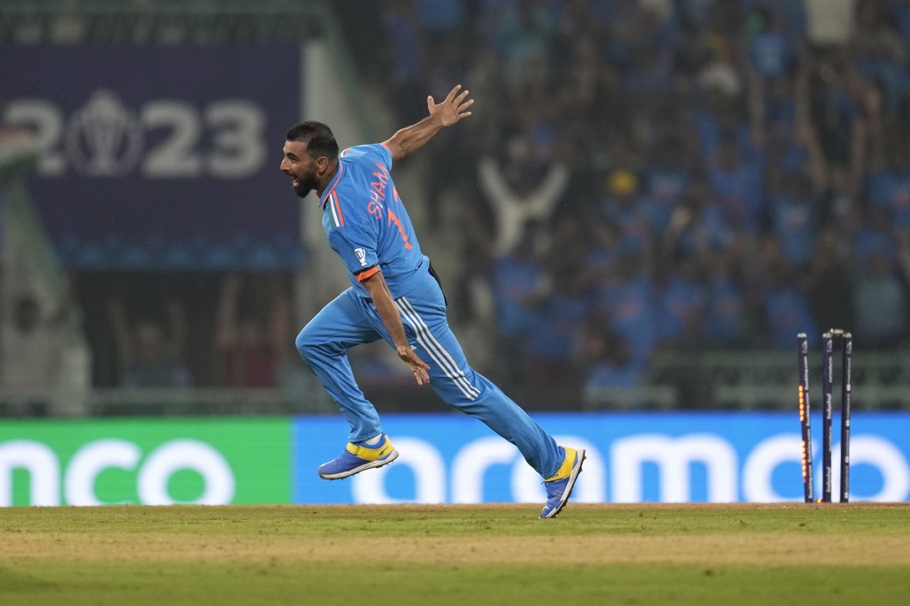 Mohammed Shami reels away after rattling Jonny Bairstow's stumps, Men's World Cup 2023, Lucknow, October 29, 2023