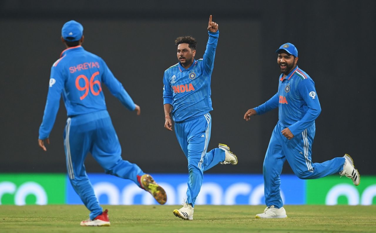 Kuldeep Yadav is off after bowling Jos Buttler with a ripper, Men's World Cup 2023, Lucknow, October 29, 2023