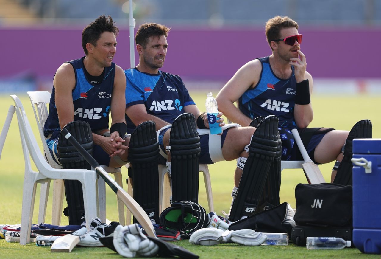 Trent Boult, Tim Southee and Lockie Ferguson wait for their turn to bat at the nets, Pune, October 31, 2023
