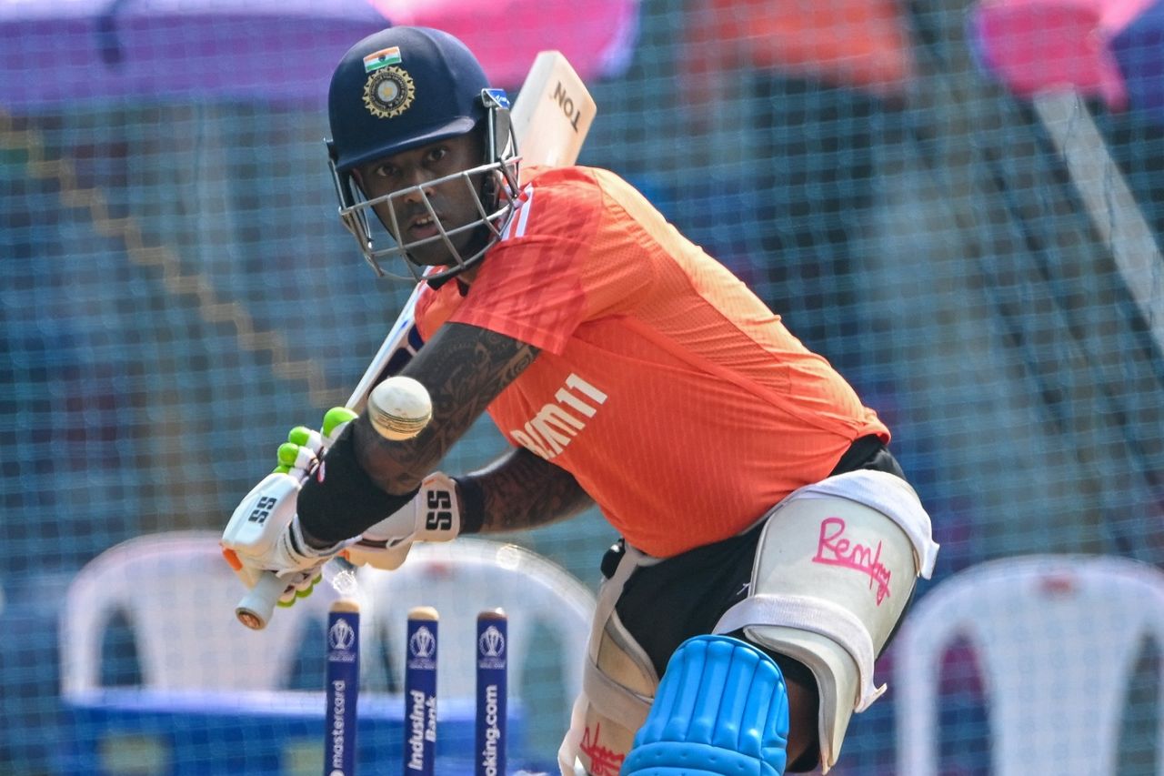 Suryakumar Yadav prepares to punch one away, October 31, 2023