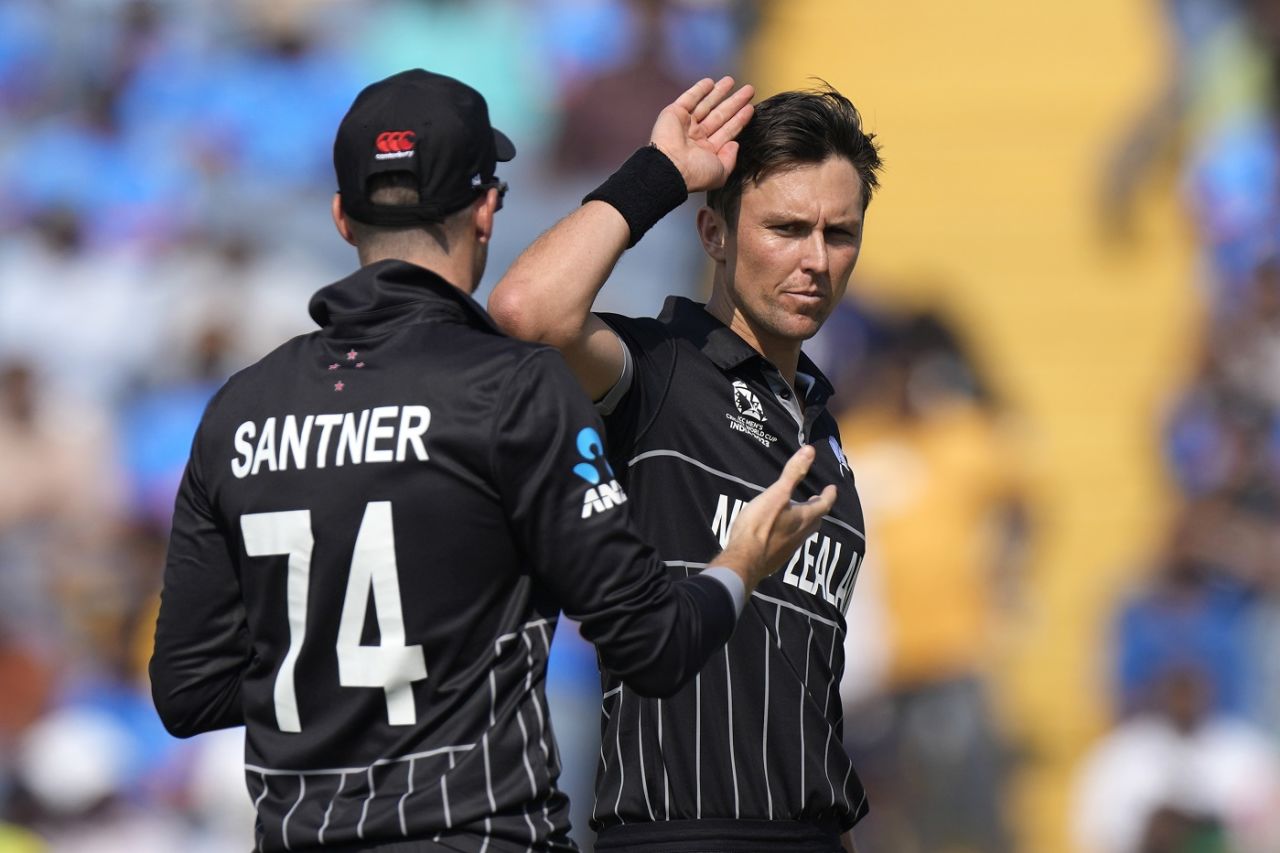 Trent Boult celebrates after dismissing Temba Bavuma, New Zealand vs South Africa, ICC Men's World Cup 2023, Pune, November 1, 2023