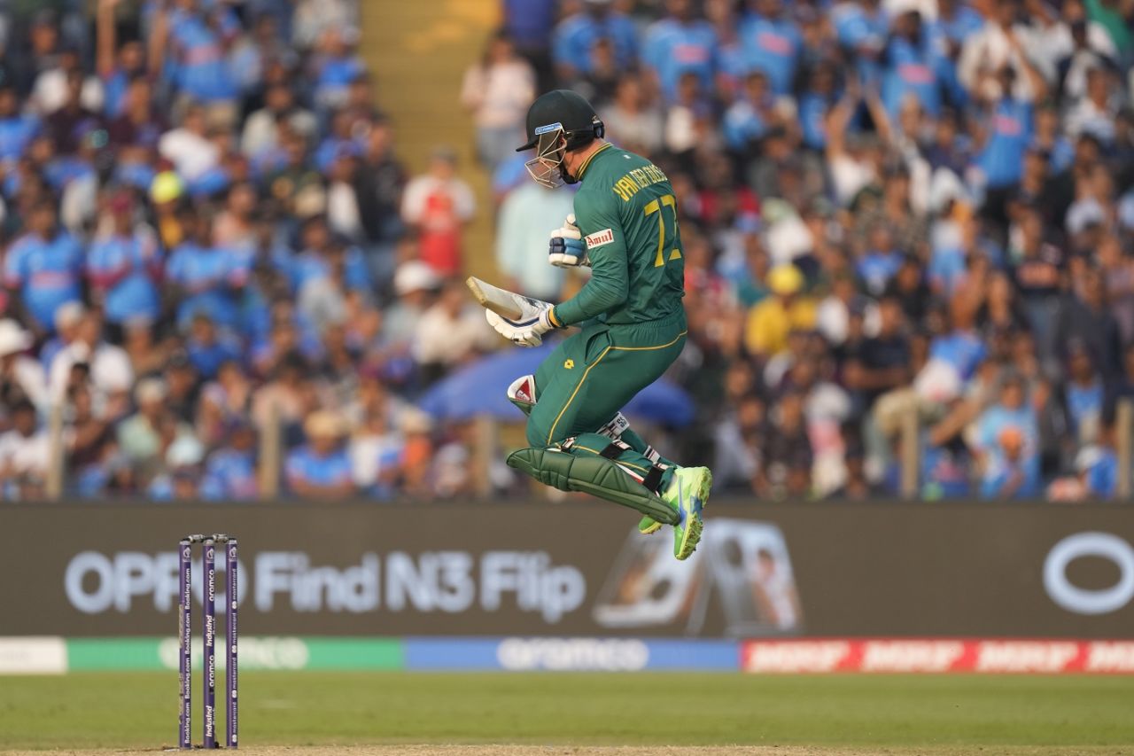 The leap of celebration - Rassie van der Dussen celebrates his century in style, New Zealand vs South Africa, ICC Men's World Cup 2023, Pune, November 1, 2023