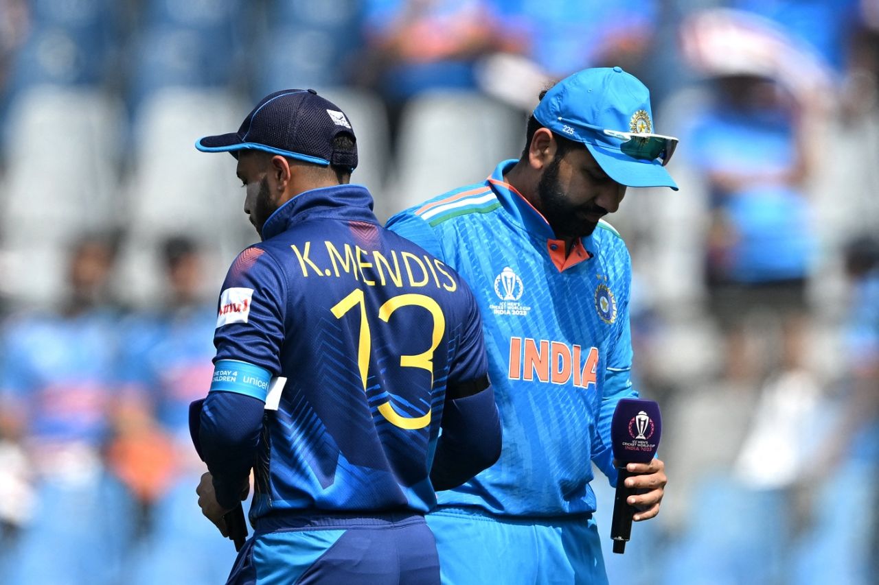 Rohit Sharma and Kusal Mendis at the toss, India vs Sri Lanka, Men's ODI World Cup, Wankhede, November 02, 2023