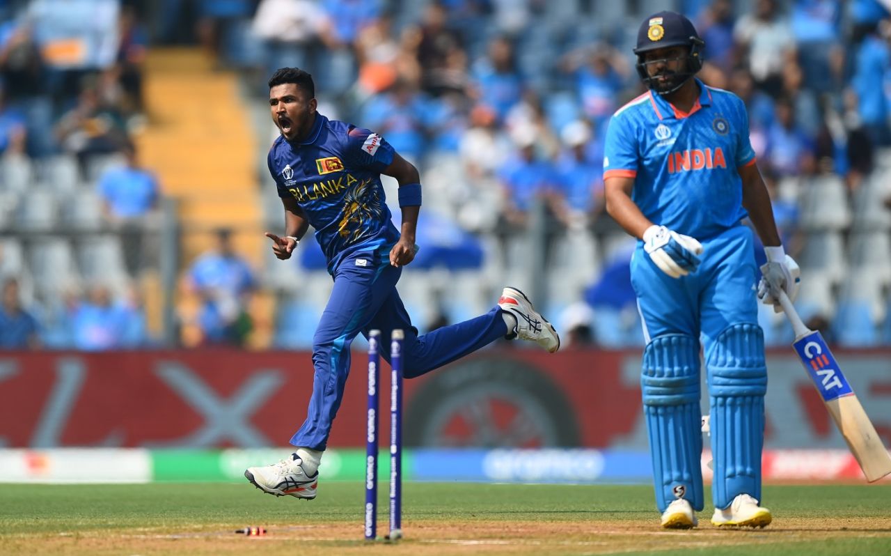 Dilshan Madushanka is pumped after knocking Rohit Sharma over, India vs Sri Lanka, Men's ODI World Cup, Wankhede, November 02, 2023