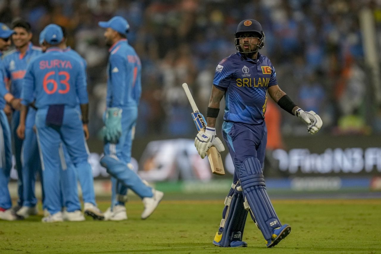 Kusal Mendis cuts a sorry figure after being dismissed for one, India vs Sri Lanka, Men's ODI World Cup, Mumbai, November 2, 2023