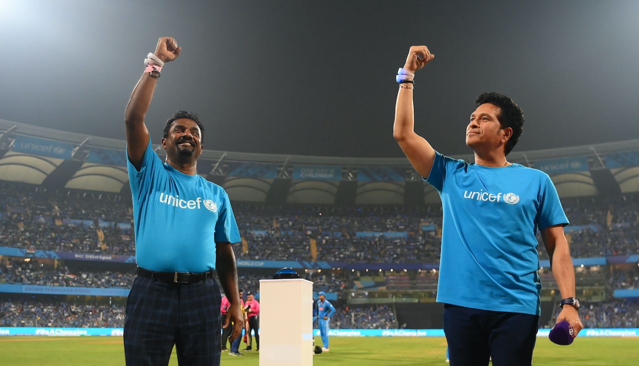 Sachin Tendulkar and Muthiah Muralidaran made an appearance at the Wankhede, India vs Sri Lanka, Men's ODI World Cup, Mumbai, November 2, 2023