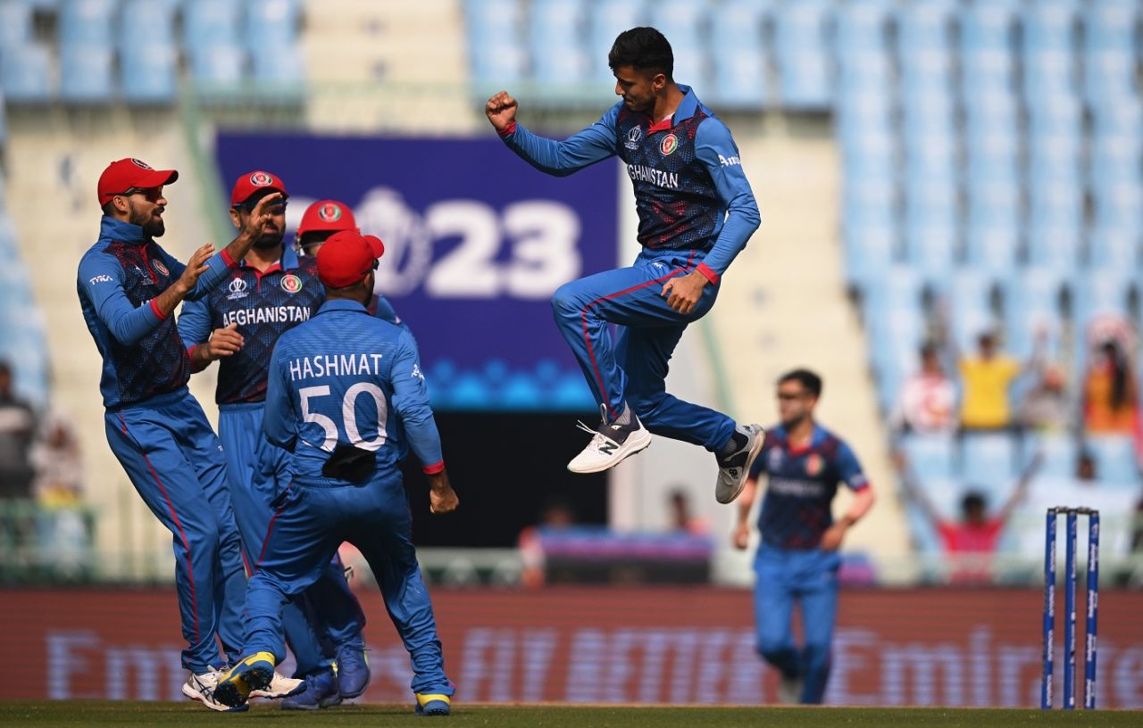 Mujeeb Ur Rahman celebrates his 100th ODI wicket - Wesley Barresi, Afghanistan vs Netherlands, ICC Men's World Cup, Lucknow, November 3, 2023
