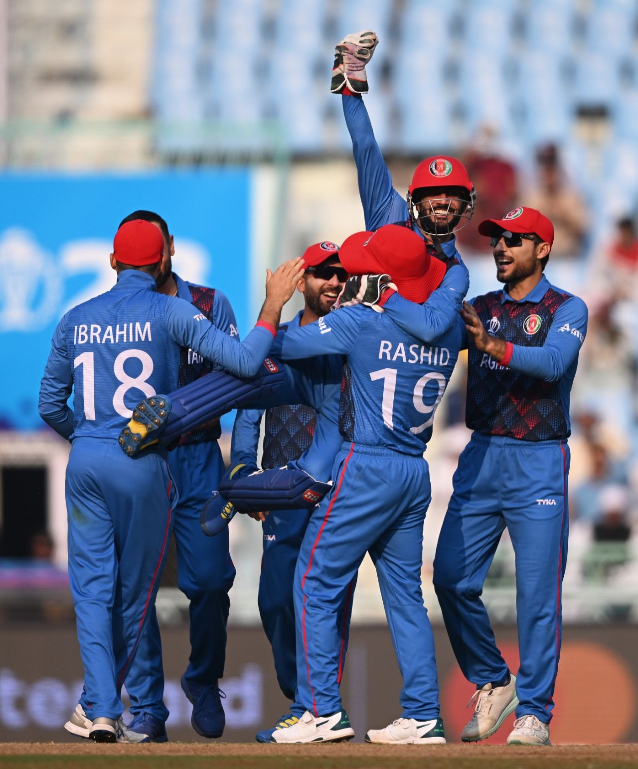 Ikram Alikhil is lifted by Rashid Khan after effecting Colin Ackermann's run-out, Afghanistan vs Netherlands, ICC Men's World Cup, Lucknow, November 3, 2023