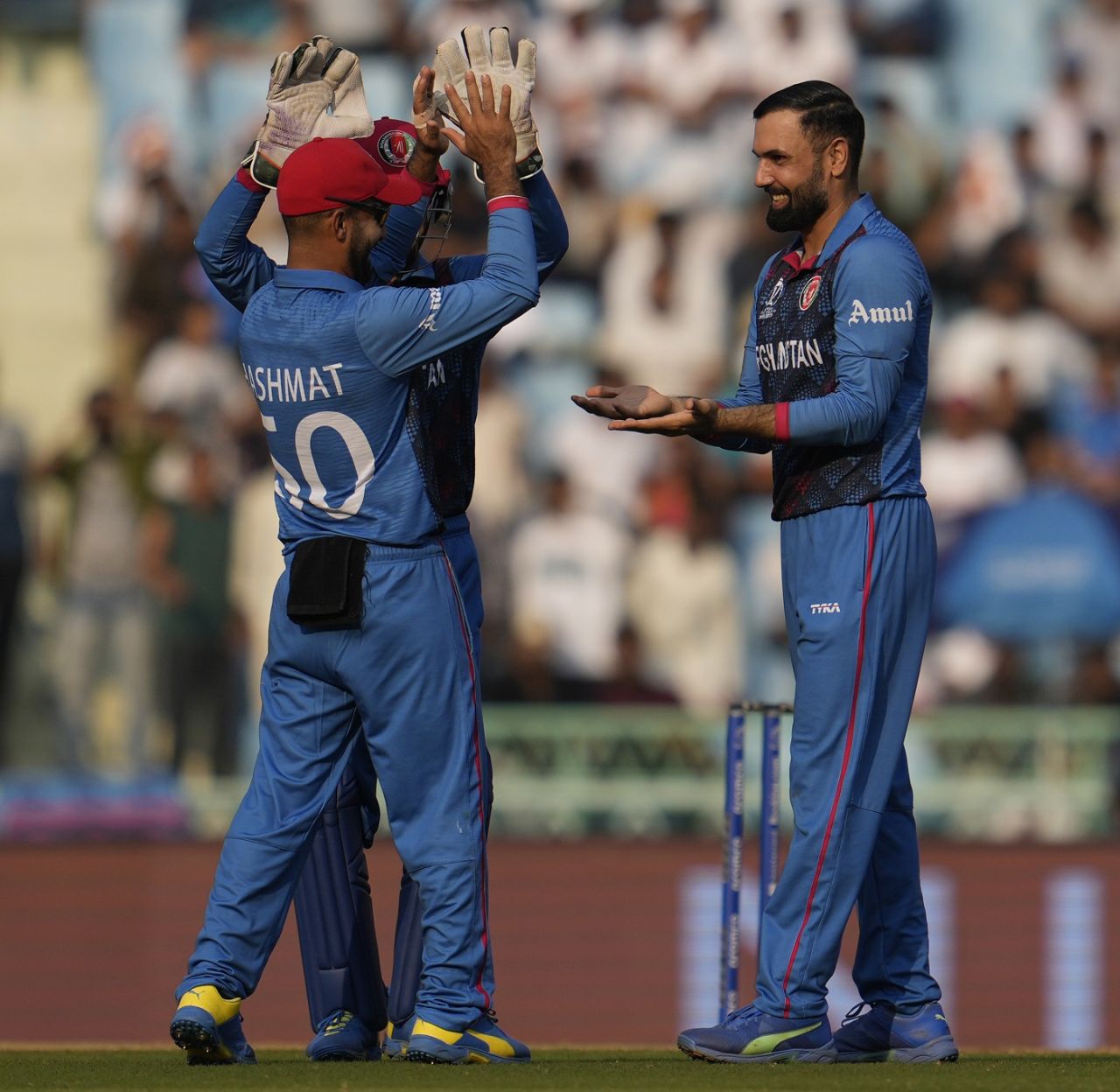 Mohammad Nabi celebrates Bas de Leede's wicket, Afghanistan vs Netherlands, ICC Men's World Cup, Lucknow, November 3, 2023