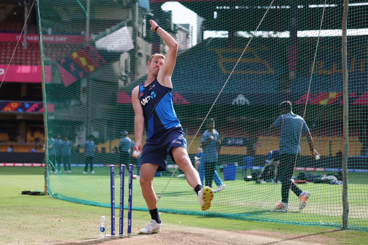 Kyle Jamieson bowls in the nets in Bengaluru, November 3, 2023
