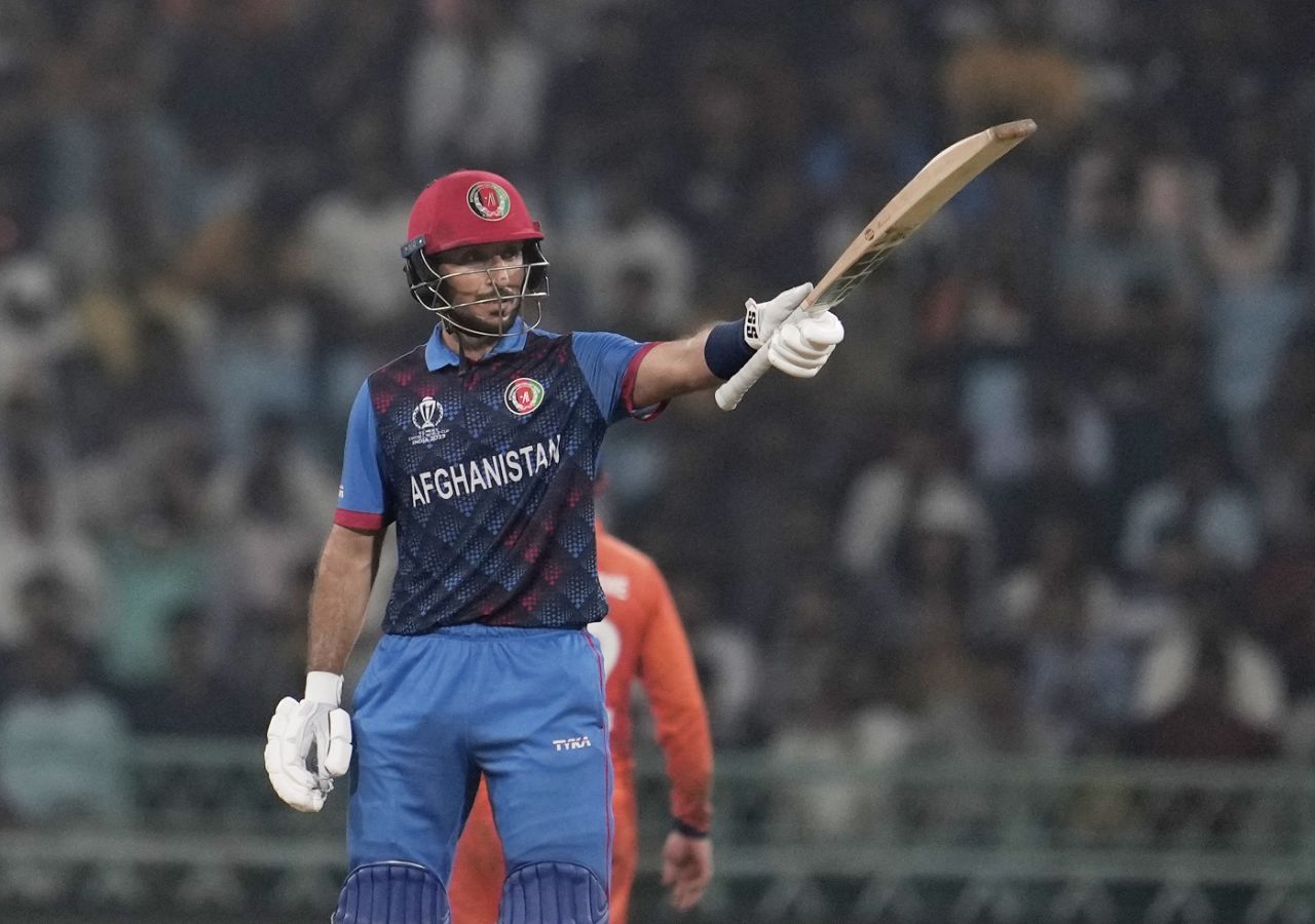 Rahmat Shah celebrates his third successive fifty this World Cup, Afghanistan vs Netherlands, ICC Men's World Cup 2023, Lucknow, November 3, 2023