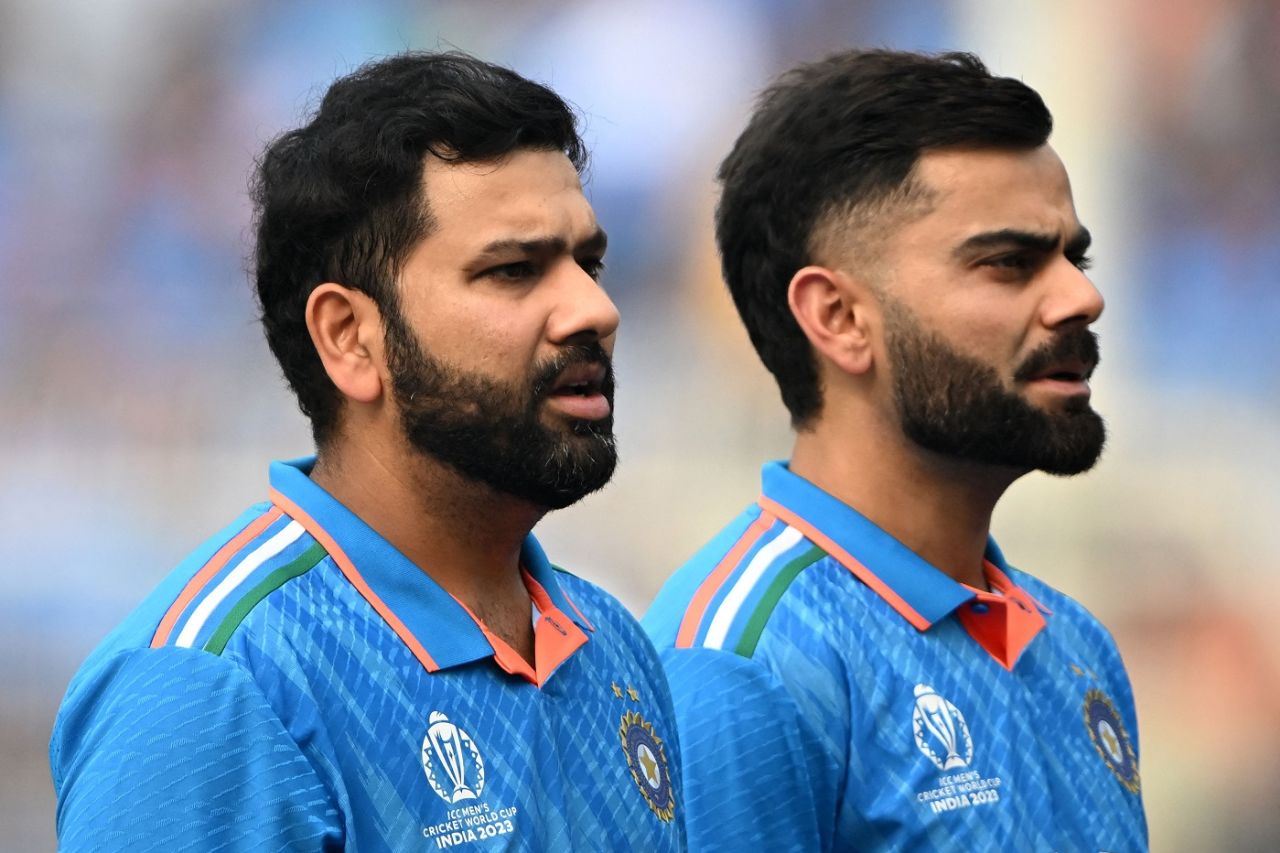 Two stars in a frame: India's Rohit Sharma and Virat Kohli look on, India vs South Africa, Men's ODI World Cup, November 5, 2023